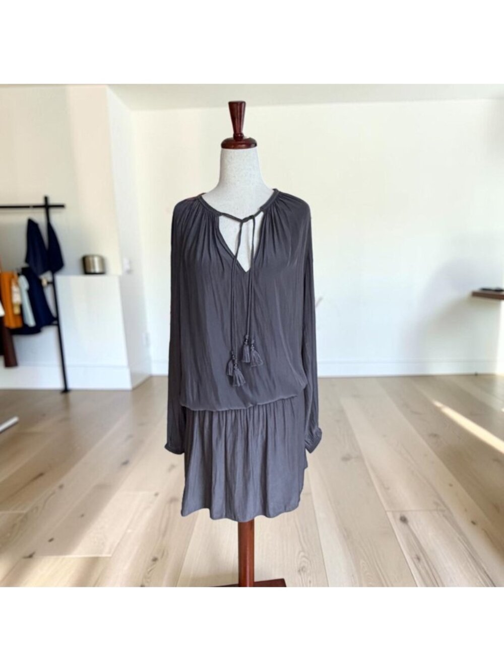 Ramy Brook Paris Dress Small Gray Long Sleeve Tassel Tie Drop Waist Mini - Picture 4 of 7
